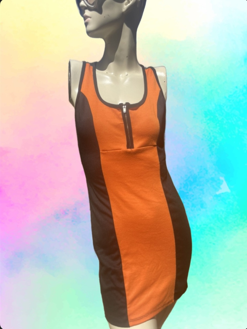 Vintage Sleeveless Orange & Black Zip-Front Bodycon Dress